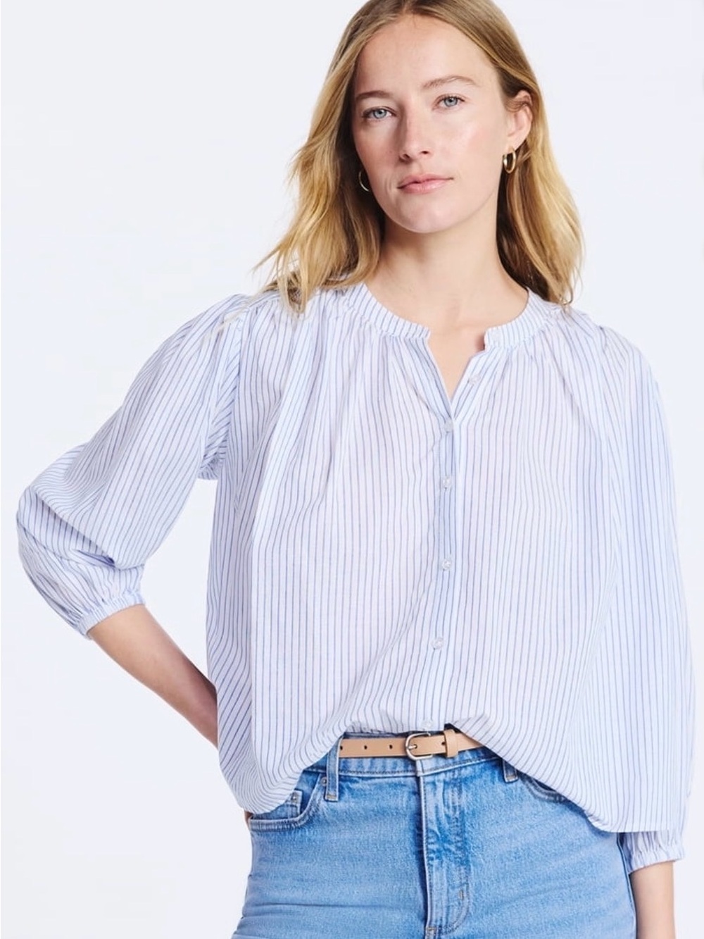 Woven Light Blue Stripe Button-Front Women's Blouse